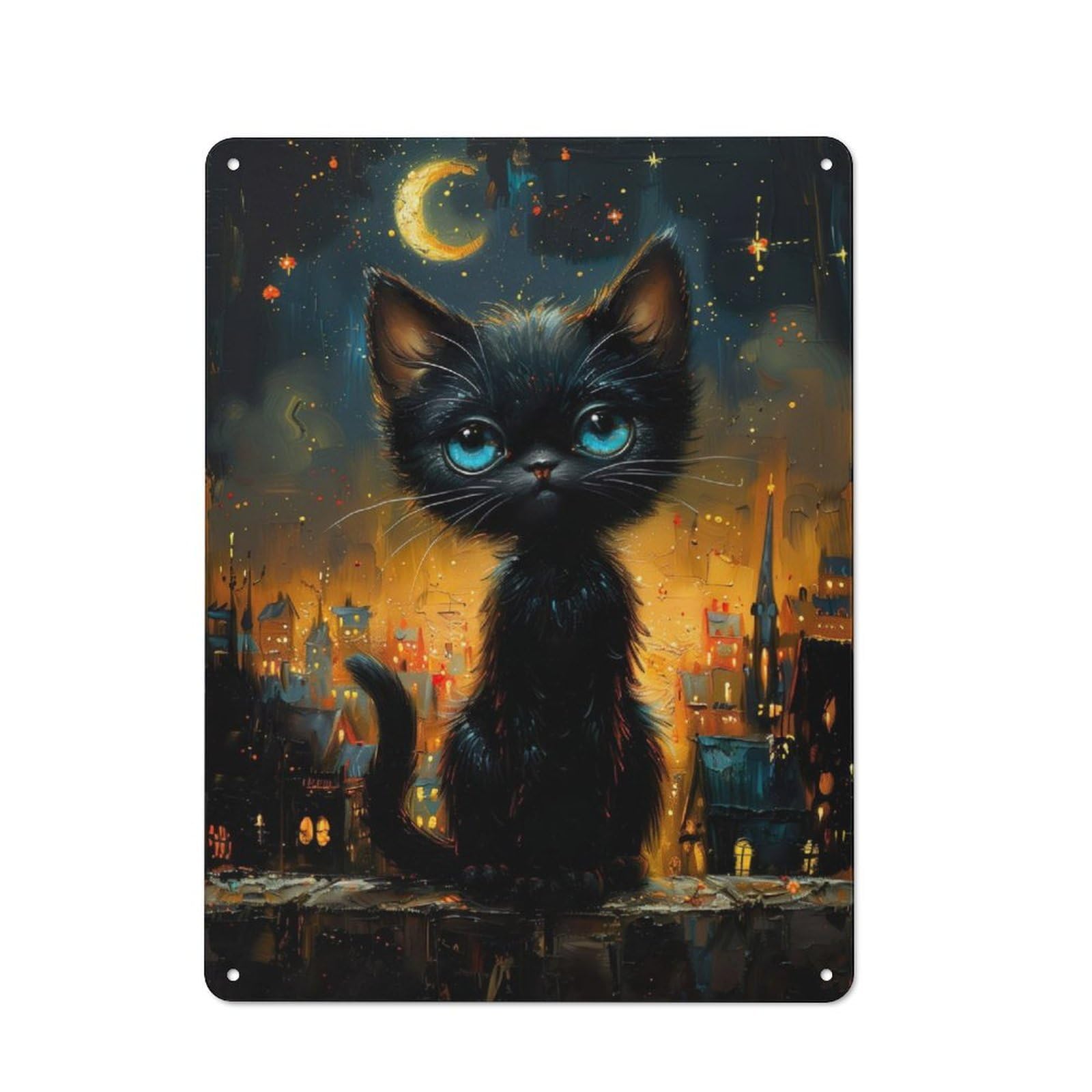 Junmoney Cat Under Moonlight Retro Tin Wall Plaque 40X30cm Featuring For Pub Or Café, New-Space Wall Decor For Pub Decor Enthusiasts