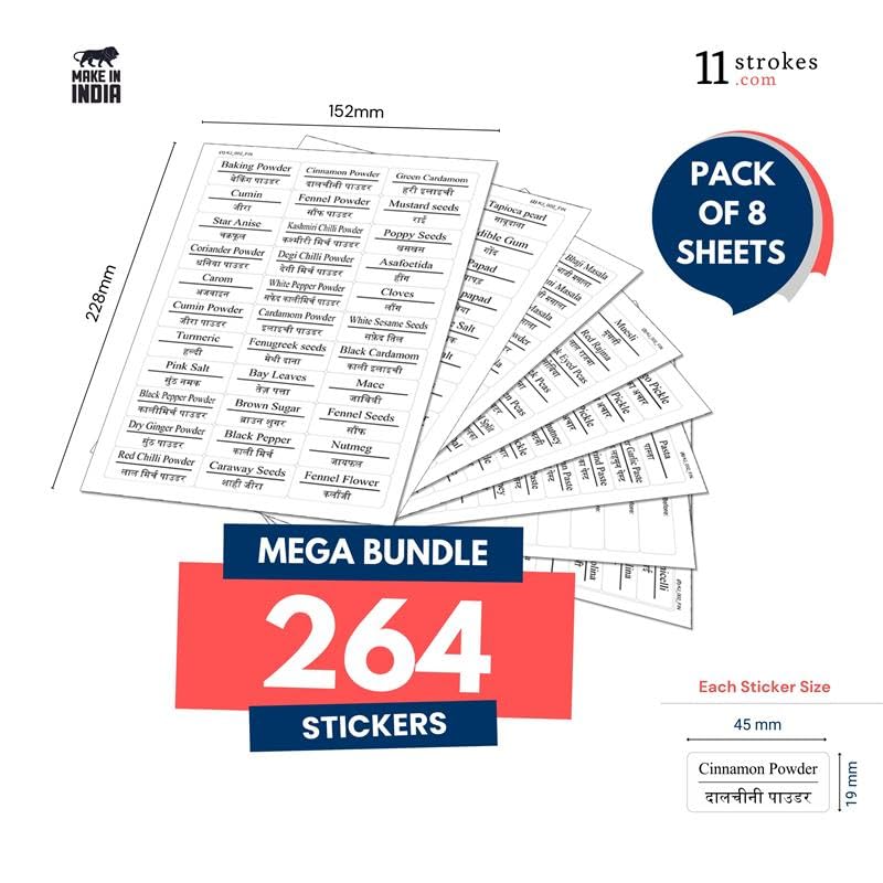Image of 11 Strokes Printed Label Stickers for Kitchen Jars -Waterproof, pre-Printed Stickers for Kitchen Containers, Bottles, & Pantry Organization-Label Maker for Kitchen Jars, Labels for Kitchen containers