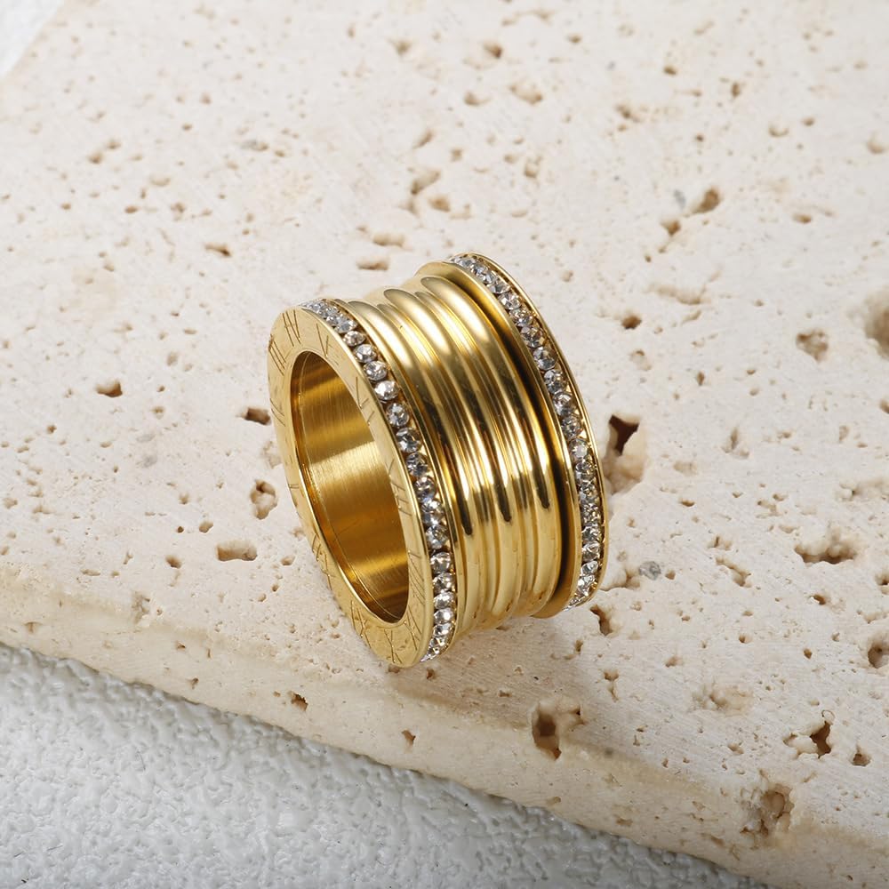 Chunky Gold Rings For Women, Trendy Silver Stainless Steel Ring Thumb Stackable Cubic Zirconia Statement Non Tarnish Engagement Couples Jewelry Promise Gift - Image 3