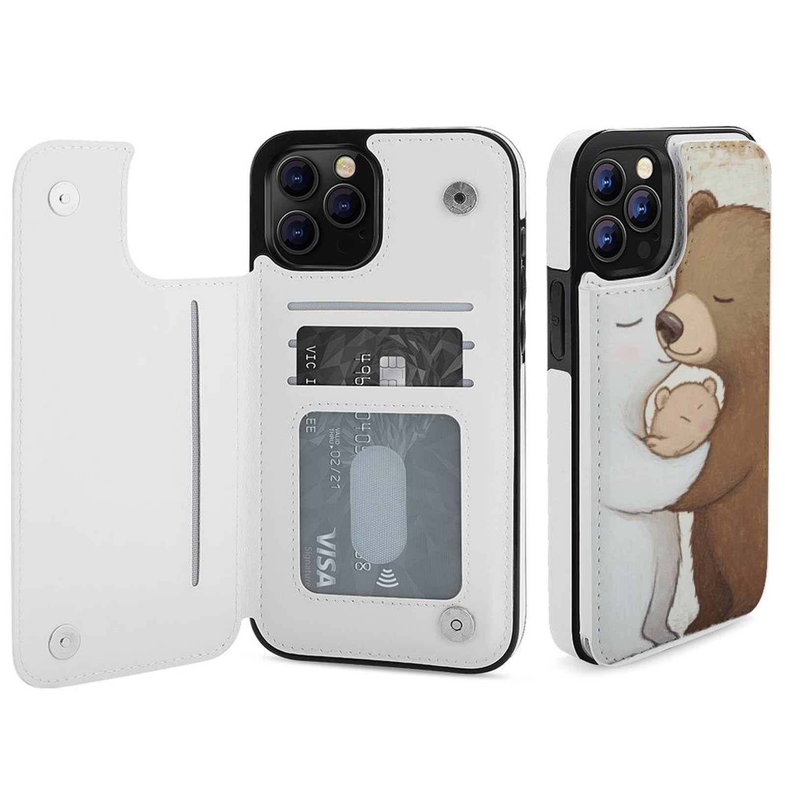 Fundas tipo cartera para iPhone 12 Pro Max, diseño de oso blanco, funda de piel con ranuras para tarjetas