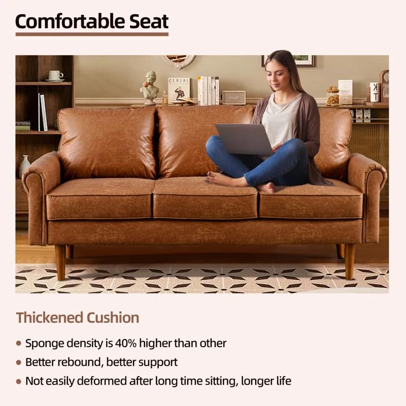 Image of LEGACY OF COMFORT Ainsley 73'' Faux Leather 3-Seat Sofa with Tufted Back Three Seater Sofa for Living Room Guest Room Hotels Office (Brown)