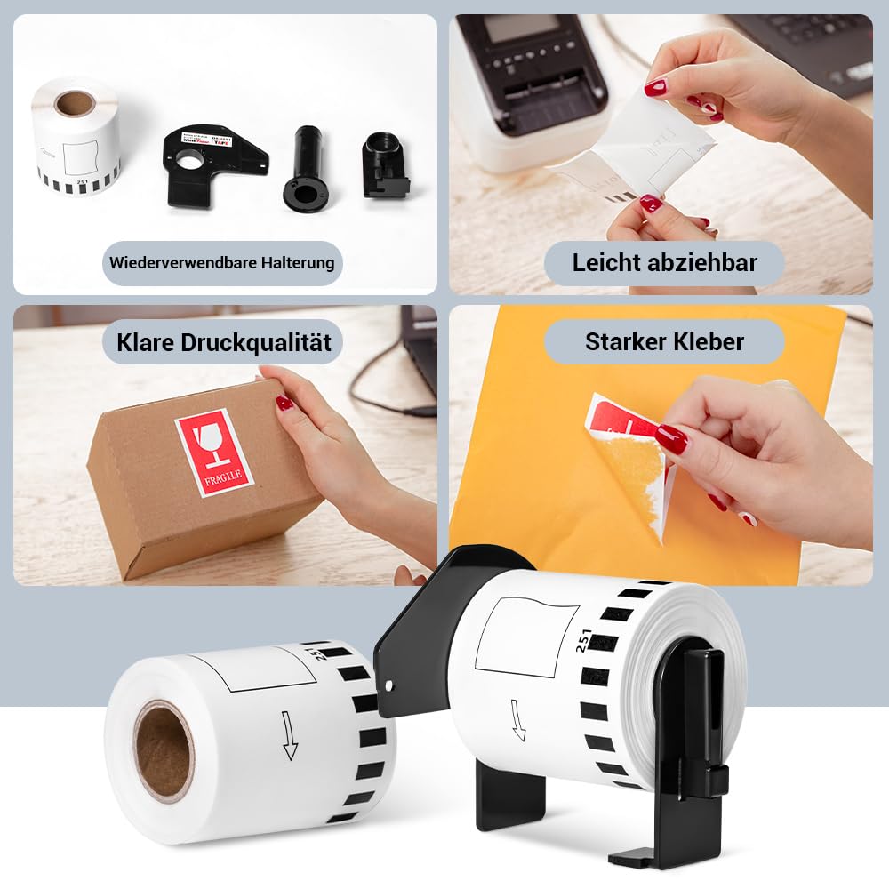 Endlosetiketten Kompatibel Brother DK-22251 für Brother QL Etikettendrucker | 2 Rollen 62mm x 15,24m DK22251 Selbstklebende Papier Etiketten für Brother QL-800 QL-810W QL-820NWB Rot/Schwarz auf Weiß