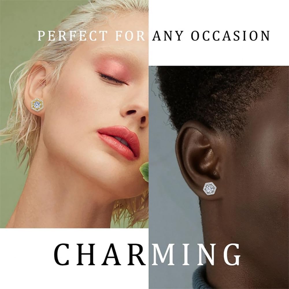 LuReen Earring Studs for Men Women - 18K Gold Plated Cubic Zirconia Stud Earrings Set, Iced Out CZ Studs, Simulated Diamond Halo Earrings (2 Pairs)