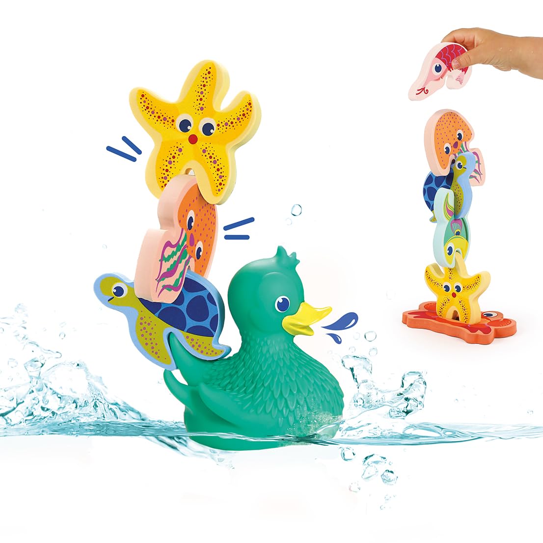 LUDI Lucky Duck & Friends - Cofanetto da bagno 3 in 1 - Anatra aspergore, 6 animali in schiuma e libro da bagno - Sviluppo motorio e immaginazione - a partire dai 10 mesi