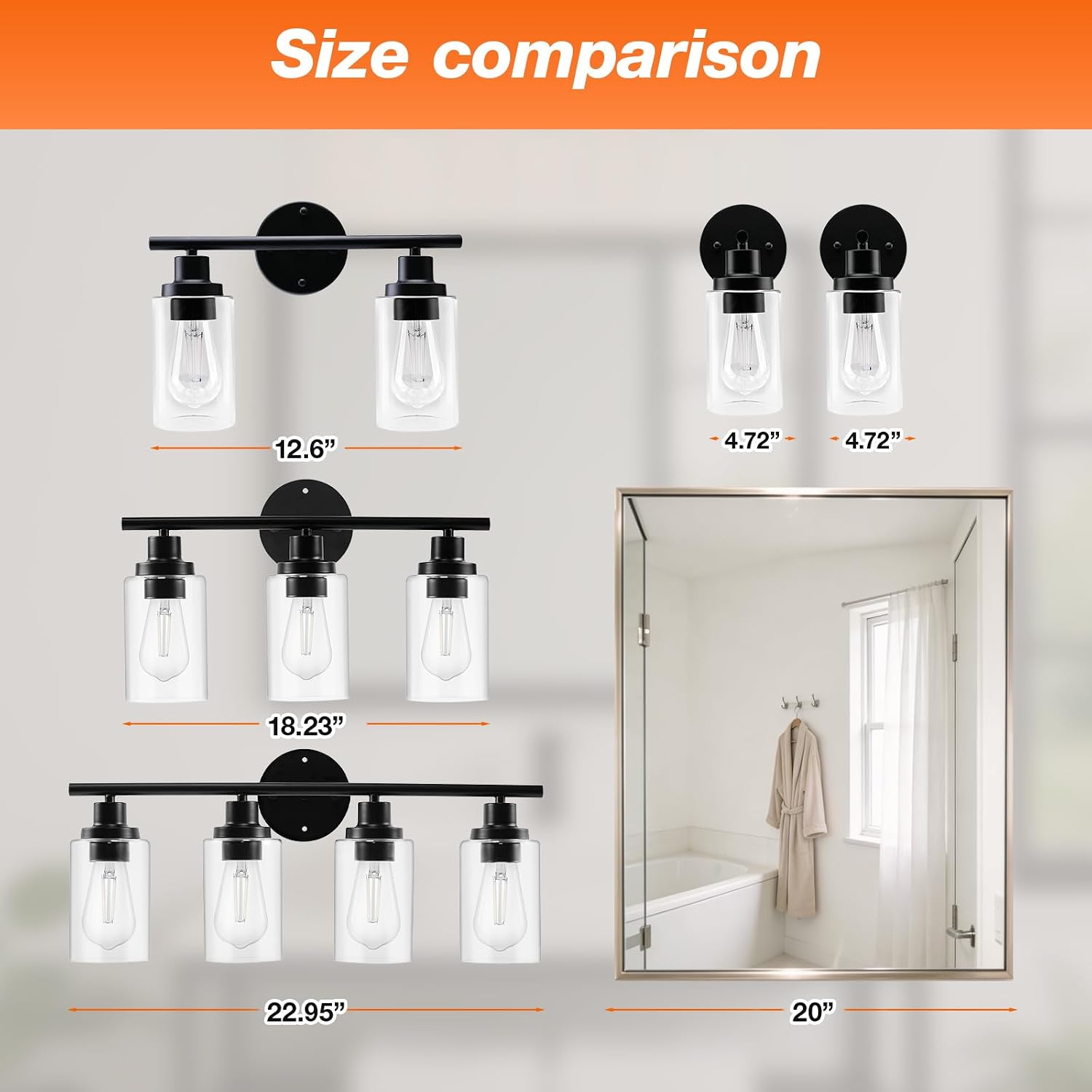 Sylvania 18.23" Bathroom Light Fixture with 3 Clear Glass Shade, Iron with Black Finish, E26 Medium Base, Vanity Lights for Bathrooms, Foyers, Entryways - 1 Pack (67904)
