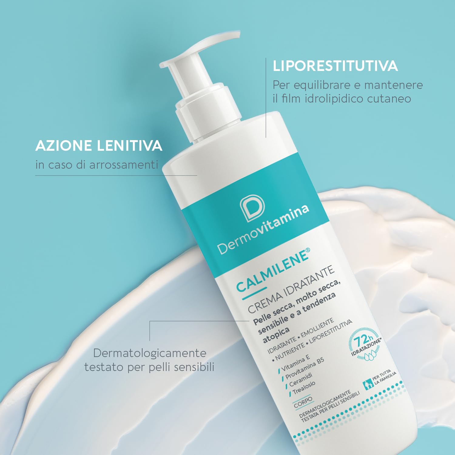 Dermovitamina Calmilene Crema Idratante 500 ml - Crema Corpo ad Azione Prolungata, Nutriente, Liporestitutiva ed Emolliente - Con Vitamina E e Ceramidi - Indicata per Adulti e Bambini