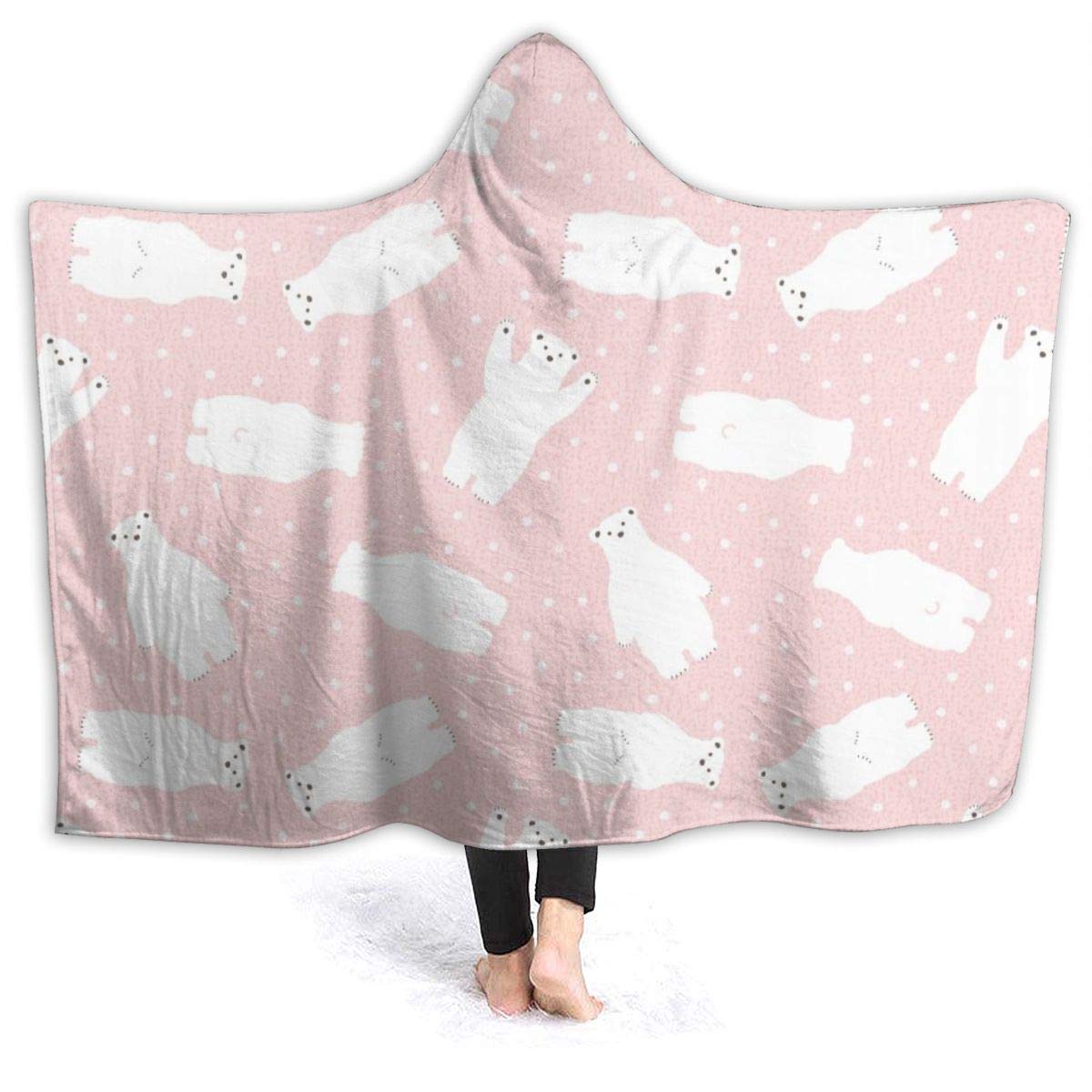 321DESIGNPolar Bear White Dots Pink Flannel Wearable Blanket Robe Wrap Ultra Soft Throw Indoors or Outdoors Hooded Blanket