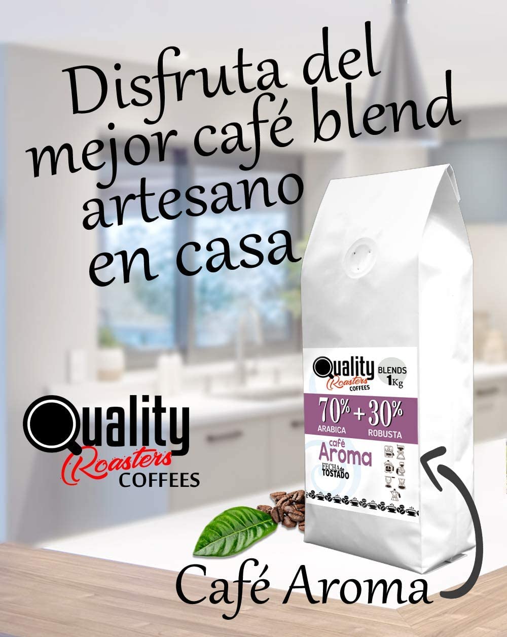 Café en grano natural "Aroma". 70% Arabica + 30% Robusta. Blend. Tostado artesanal. (2 Kg, Tostado clásico)