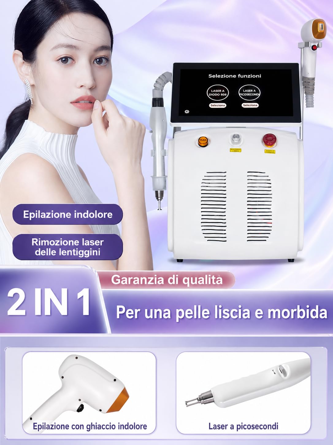Macchina laser professionale 2 in 1 808 nm e picosecondi NDYAG, dispositivo estetico per epilazione viso e corpo, rimozione tatuaggi, raffreddamento integrato, schermo tattile, 2 manipoli