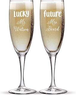 Engraved Set of 2 Glasses, Future Mrs and Lucky Mr. engraved Customized Wedding Toast, Champagne Flute Set, Wedding Toasting Glasses