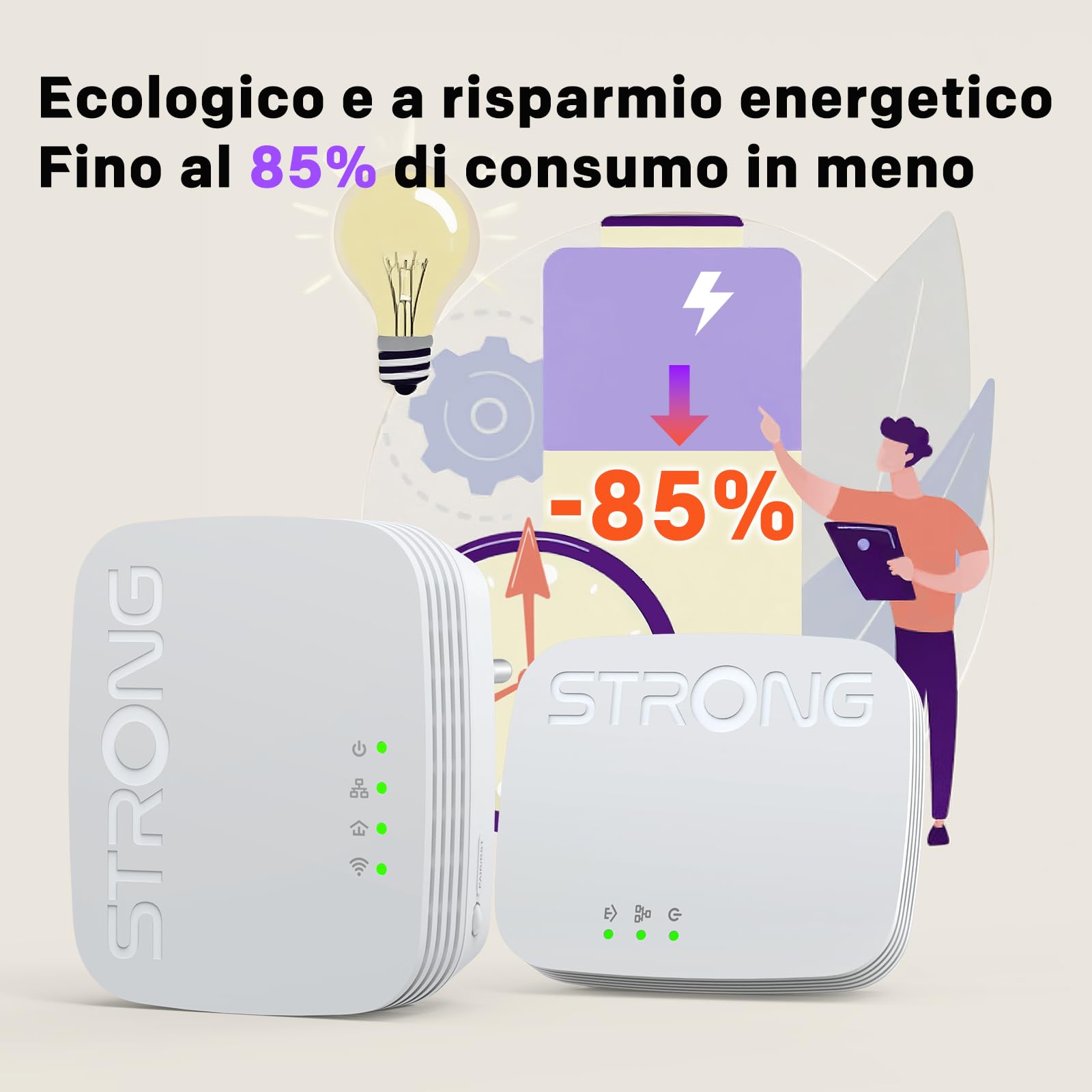 STRONG - Powerline Wifi 600 Duo Mini - 2 Adattatori 600 Mbps/Wifi 300 Mbps - Compatibile con Tutti i Modem/Router - Ethernet - Installazione rapida - Bianco