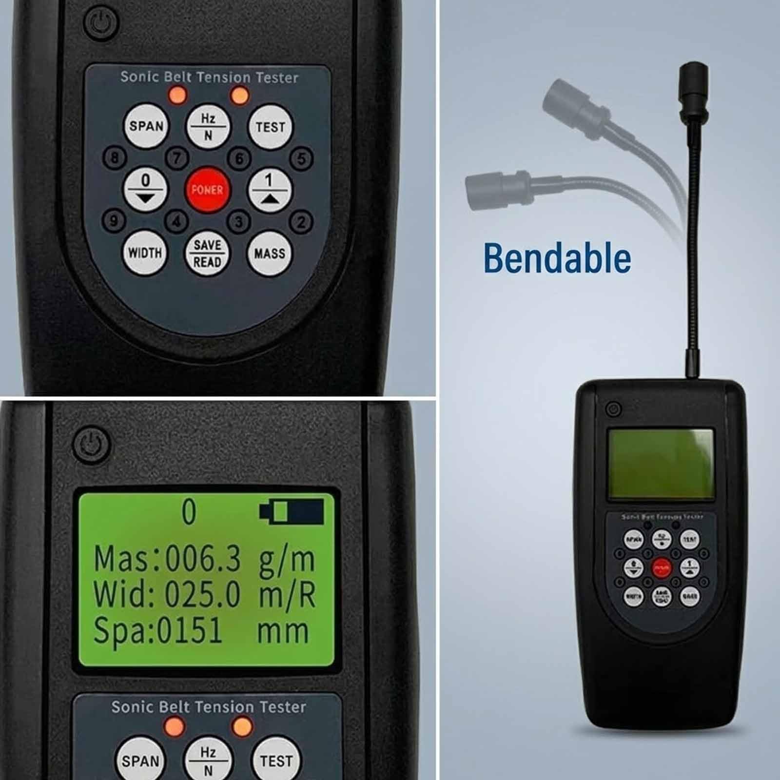 Optyczny miernik napięcia pasa, tester soniczny z podświetlanym wyświetlaczem LCD, przechowuje 20 parametrów, mierzy wibracje paska napędowego, zakres częstotliwości 10 Hz-680 Hz, błąd próbkowania <1%