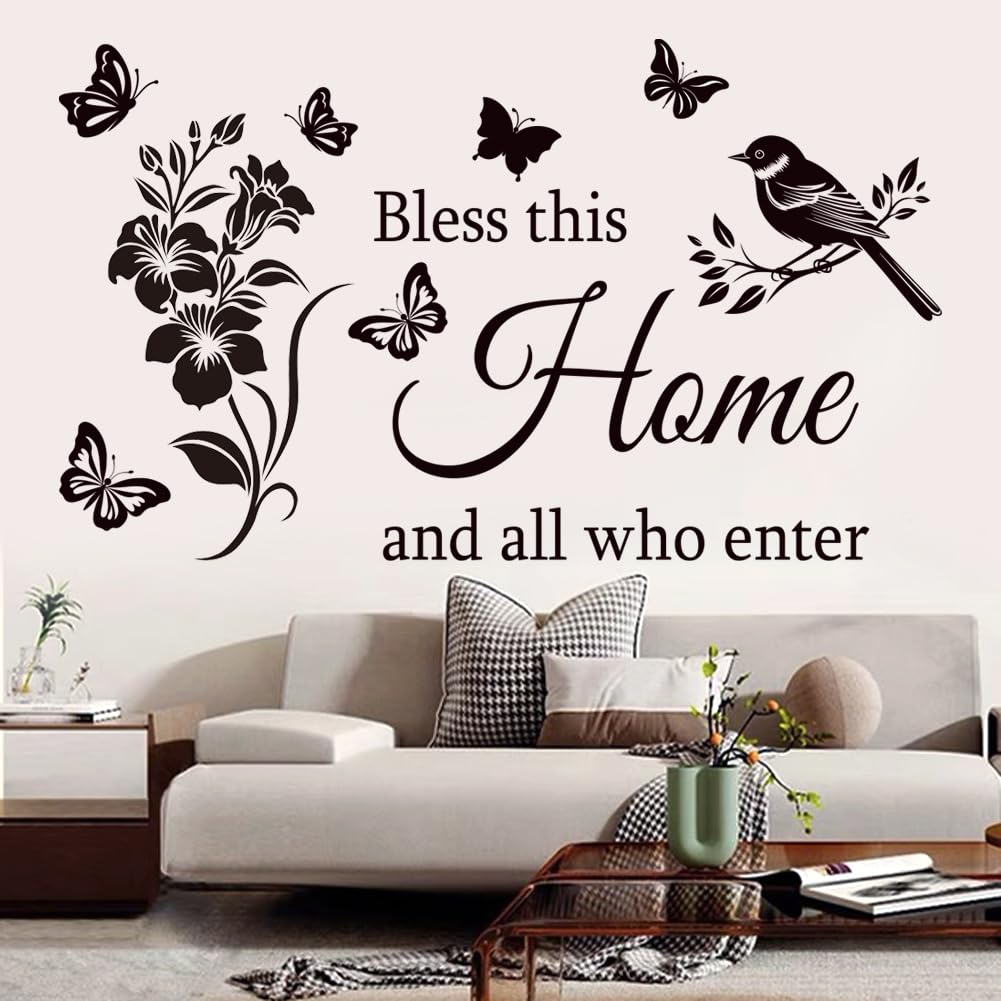 Pegatinas de pared inspiradoras para la familia, con cita en inglés "Bless This Home and All Who Enter Words", calcomanías de vinilo para decoración de pared, citas motivacionales para dormitorio.