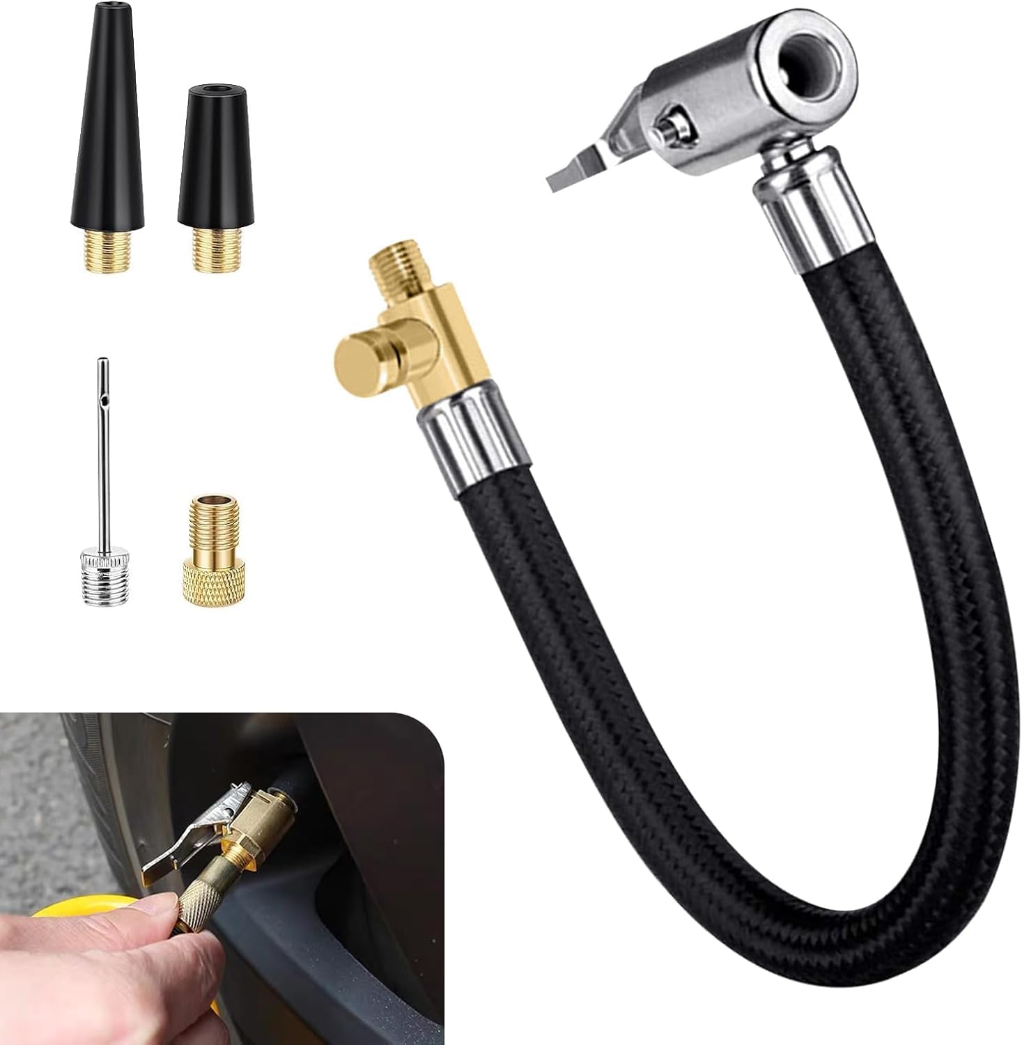 MLY 1 PC 360°Rotating End Tire Inflator Hose Adapter, Air Release Extention Hose for Quick Connect & Release, Tire Pump Portable Air Compressor with Presta Valve, Universal Schrader Valve (Black)
