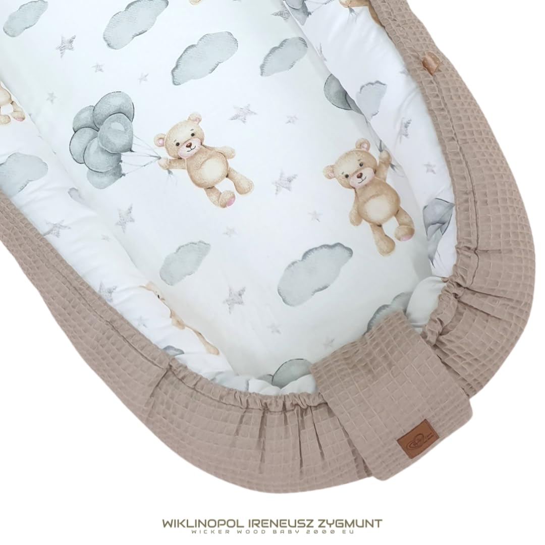 WIKLINOPOL Babynest Nestchen für Neugeborene aus Baumwolle und Waffelbaumwolle – Baby Nestchen 80x46 cm, Tragbares Nest mit Herausnehmbarer Matratze,(Beige)