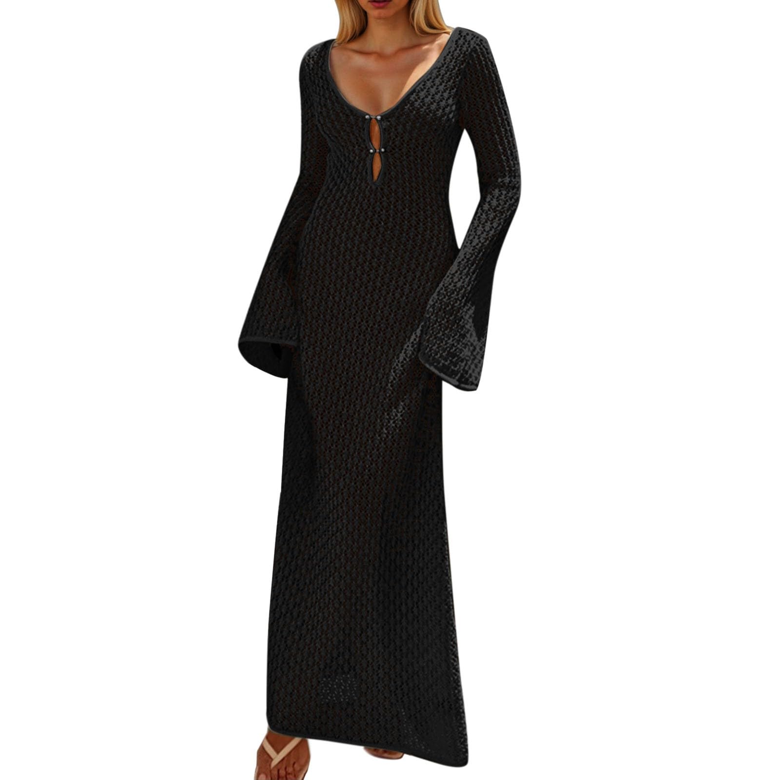 Maxi abito da donna all'uncinetto, da spiaggia, nuoto, vacanze, maniche lunghe, sexy, aderente, estivo, lavorato a maglia