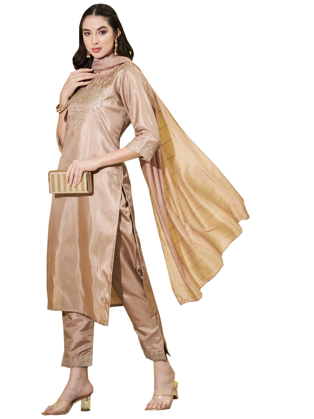 VredeVogel Women's Cotton Silk Blend Kurta Set with Trousers Pant & Nazneen Dupatta