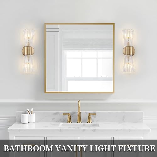 Miniatura 9 de EFINEHOME Lámpara de pared moderna de mediados de siglo con pantalla de cristal  2 luces de tocador doradas para baño, pasillo, dormitorio, sala de