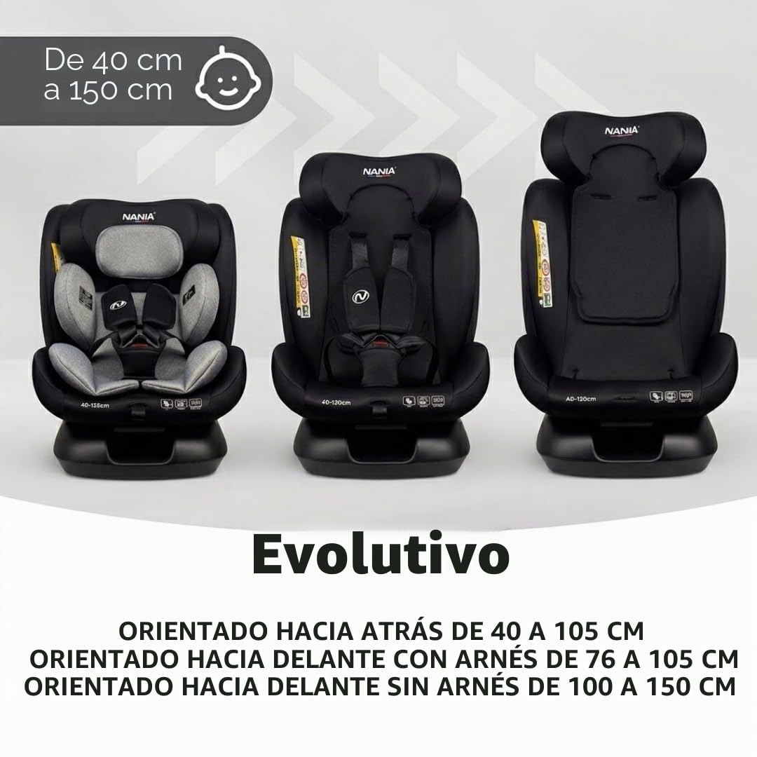 Nania Prato, Asiento de coche infantil, I-Size, 40-150 cm, escalable nacimiento, hasta 12 años, Fijaciones de cinturón de seguridad, Ajuste de reposacabezas e inclinación, Inserto Lumbar y Reductor