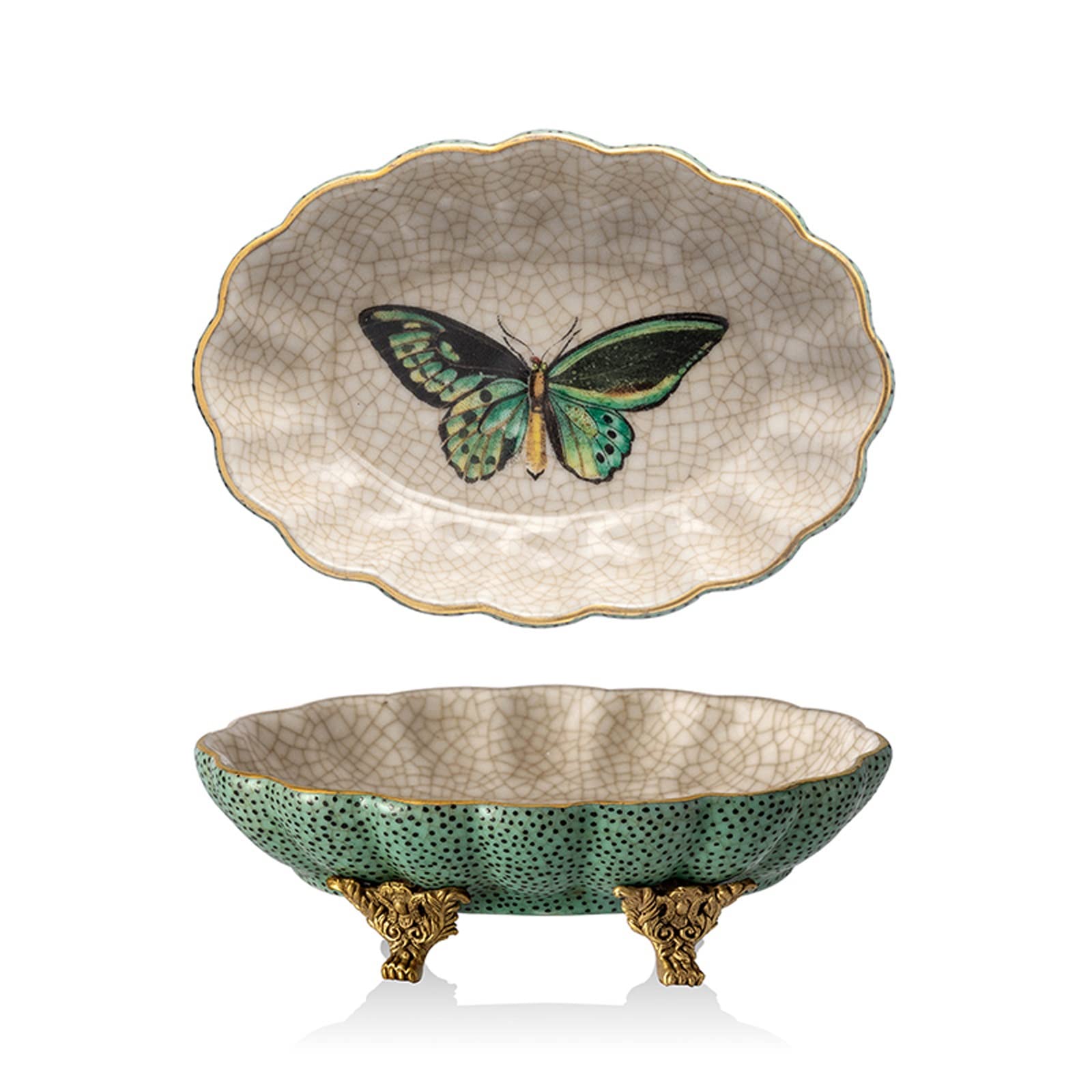 Ciotola Portafrutta In Ceramica Con Piedistallo – 28 Cm – Elegante E Pratica – Verde E Base Oro – Per Tavola, Dessert, Pane O Regalo - 2