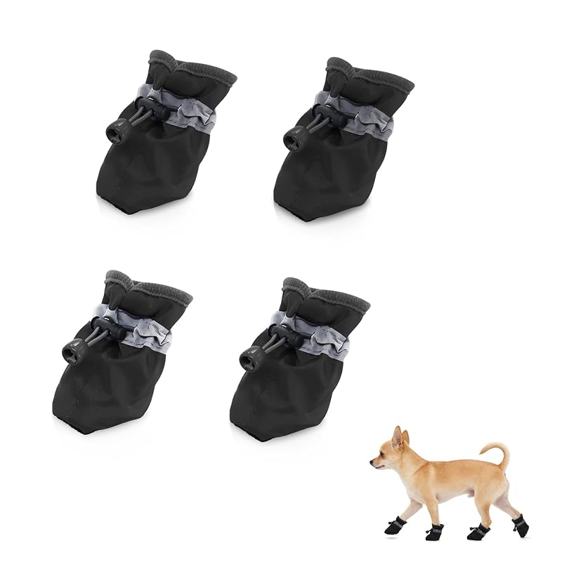 Botas para cães Andiker com sola de borracha e cordão ajustável, cor Black, tamanho M, Pacote com 4
