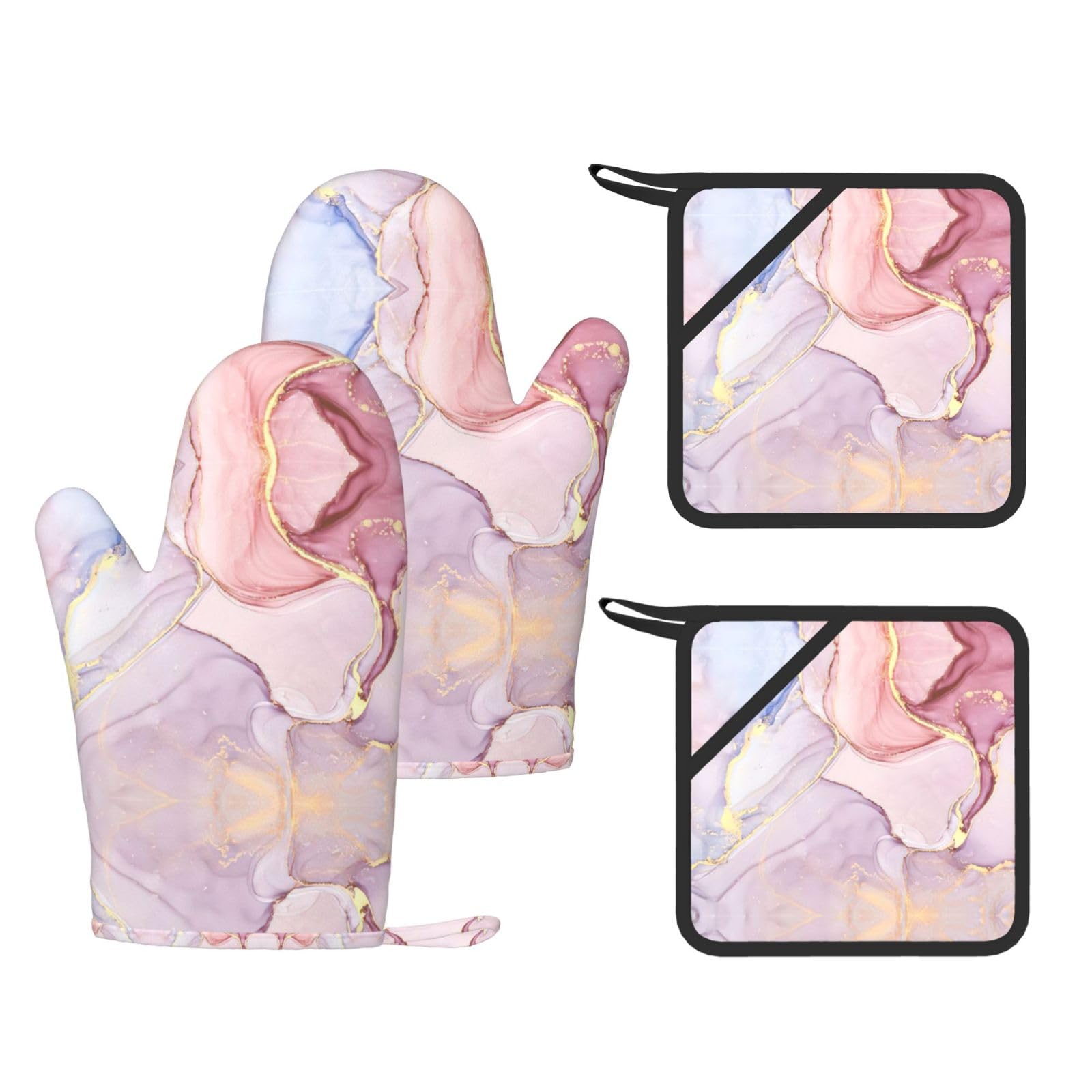 purple and gold marble Trendy Printed Kitchen Set with Heat Resistant Gloves & Non-Slip Hot Pads for Baking & Grilling