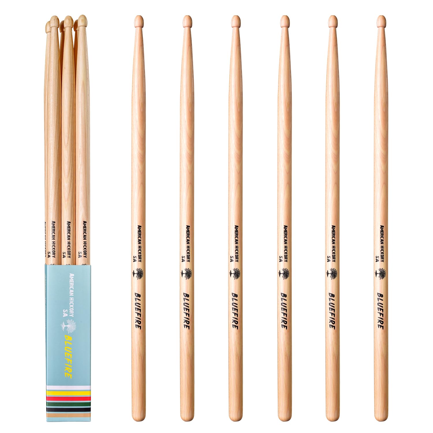 6 palos/3 pares de baquetas naturales 5A, bastones clásicos 5A, baquetas de nogal con puntas de bellota, para batería acústica o electrónica, palo de fuego azul, peso a juego. Baqueta natural. Regalo
