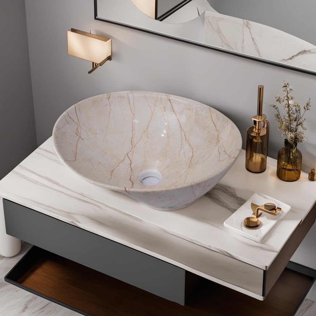 NEXIS Designer Ceramic Wash Basin For Bathroom | Over Counter Bathroom Basin | Counter Top Bathroom Sink | Wash Basin For Restaurant, Hotel (16 x 13 x 5 Inch) (Peach N Maroon) 1