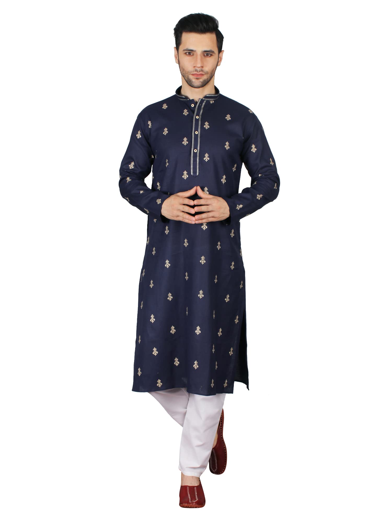 exotic india Evening-Blue Cotton Crest Embroidered Kurta Pajama Set-picture-29