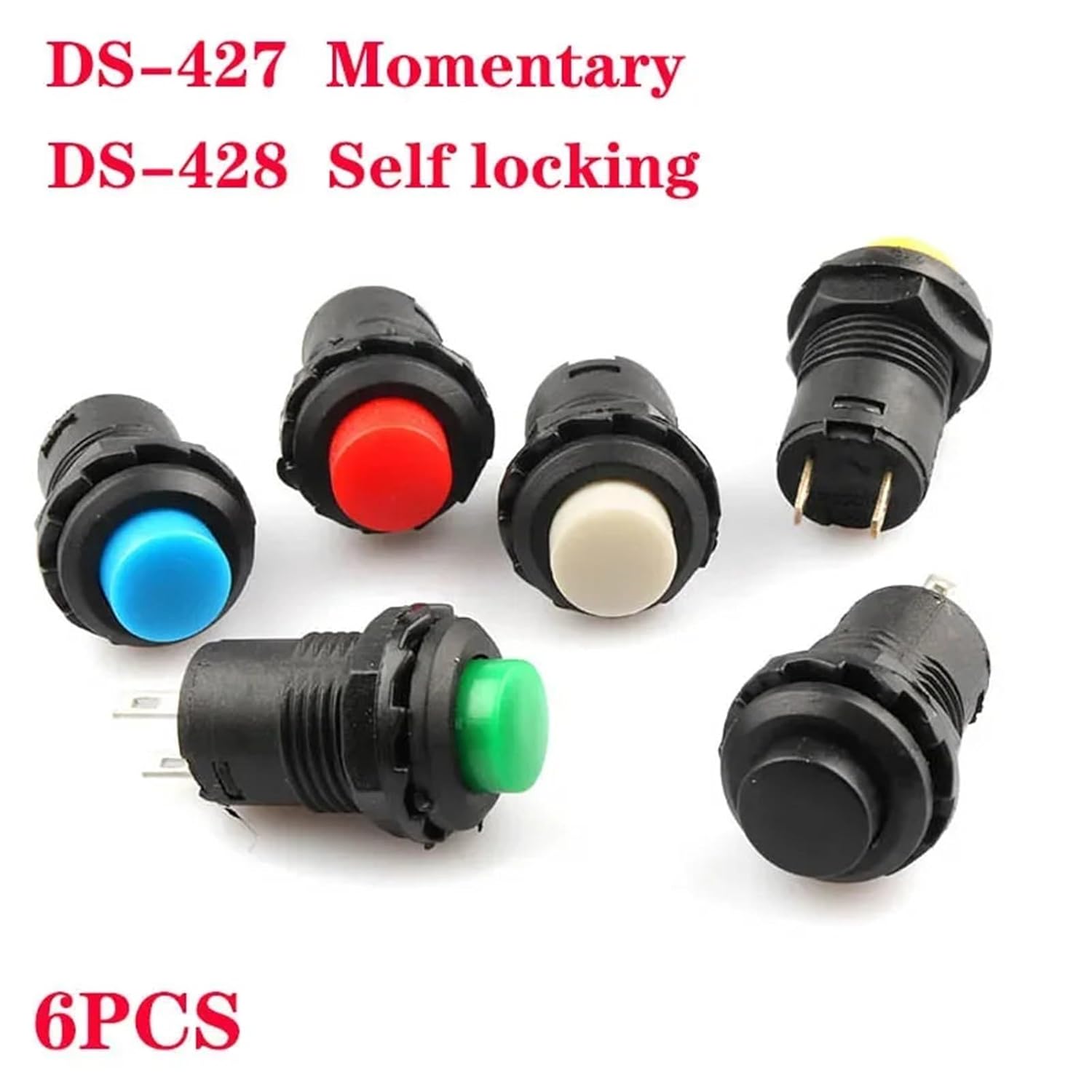 6pcs Self-Lock/Momentary Pushbutton Switches DS427 DS428 12mm Off- ON Push Button Switch 3A /125VAC 1.5A/250VAC DS-427 DS-428(6pcs White,Momentary)