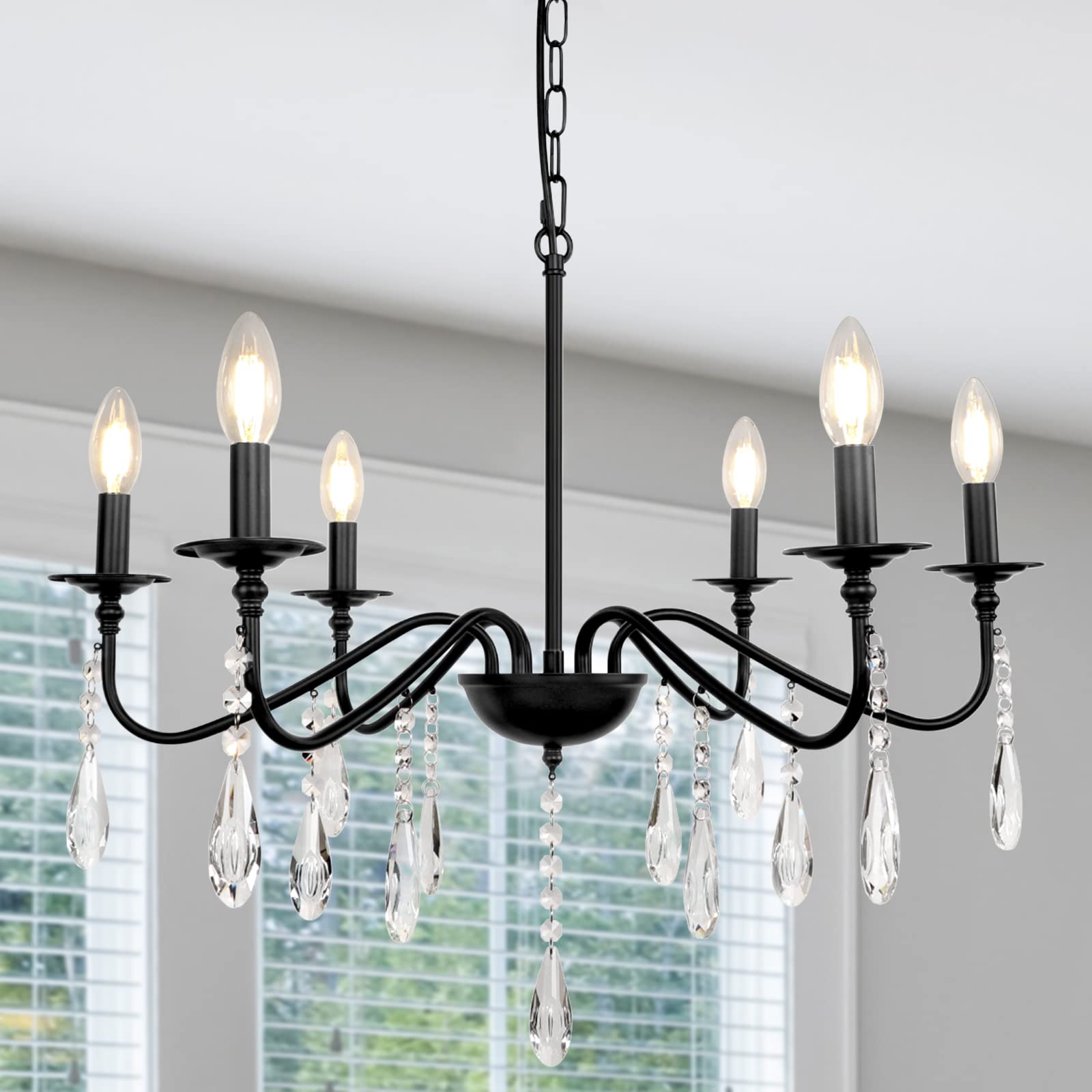LynPon Black Farmhouse Crystal Chandeliers, 6 Lights Dining Room