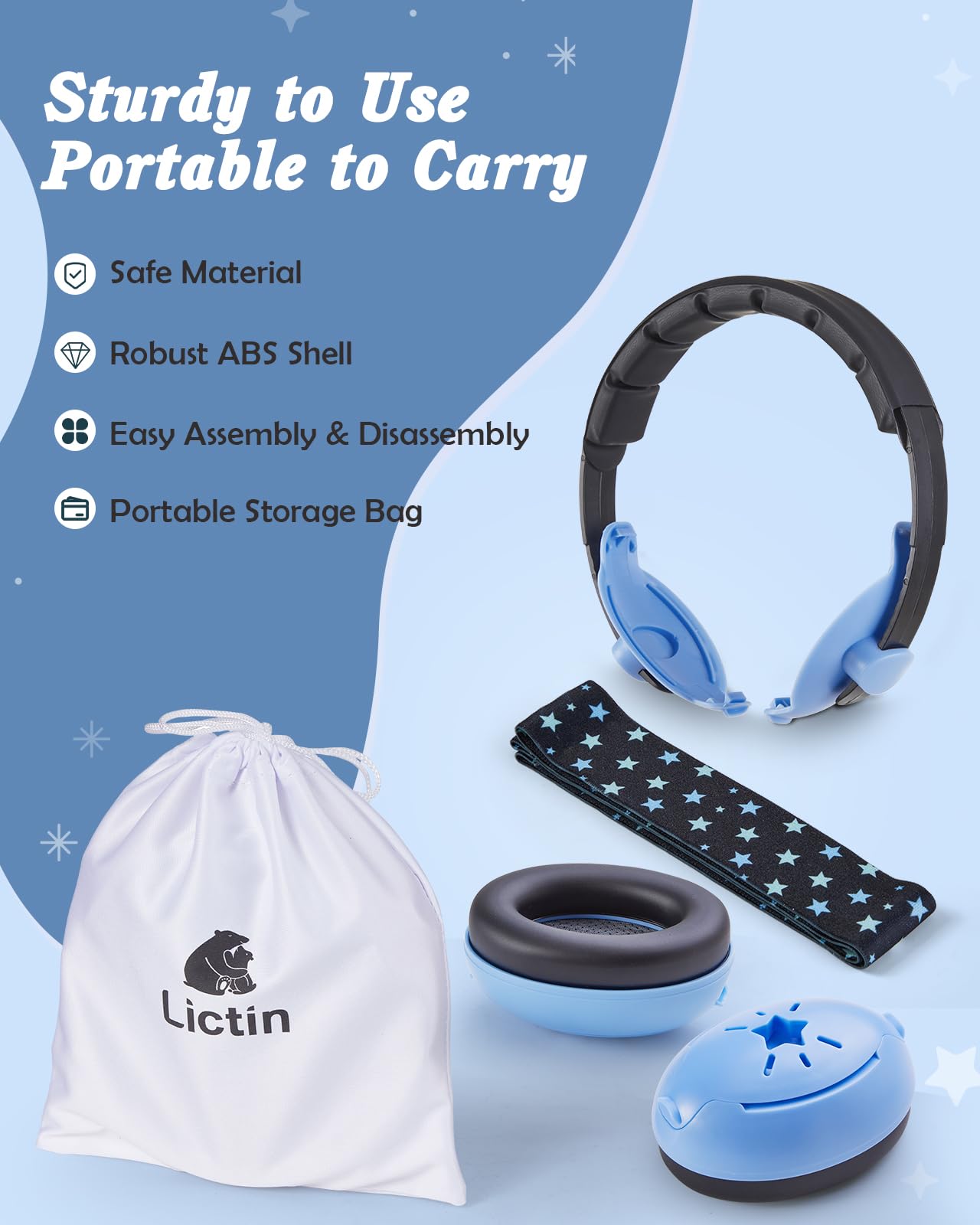 Lictin 2 in 1 Cuffie Neonato Antirumore -25dB,Protettori acustici per neonati, archetto regolabile, antiscivolo e antistress, protezione acustica ideale per neonati fino a 48 mesi