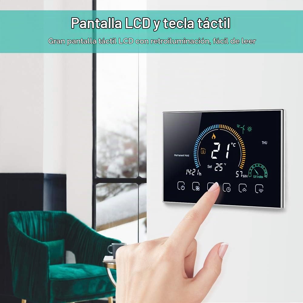 Termostato WiFi para Caldera de Gas Control por aplicación de Voz/Pantalla LCD retroiluminada, termostato programable Compatible con Alexa Google Home（Negro）