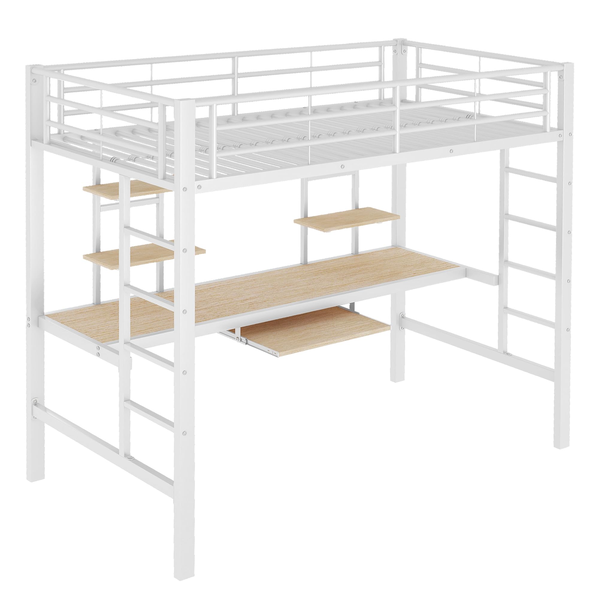 Azkoeesy Letto a soppalco con scrivania e 4 librerie, Letto singolo per adulti, metallo, nero (90 x 200, bianco)