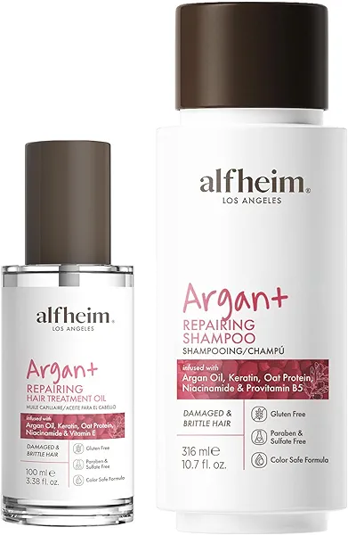 ALFHEIM Repair Argan Oil Shampoo & Hair Treatment Oil 2-Piece Set, Sulfate & Paraben-Free with Keratin, Niacinamide & Vitamin Complex for Hydrated, Strengthened, Anti-Frizz Hair