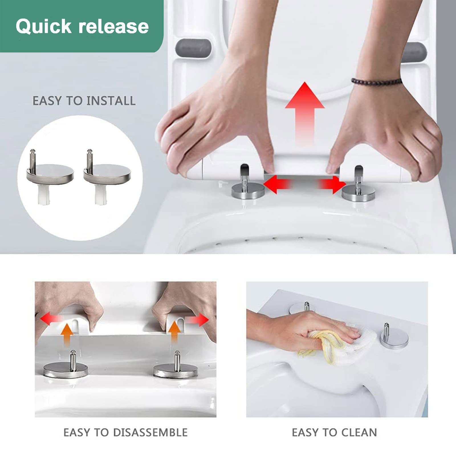 Asiento de inodoro cuadrado blanco de cierre lento con tapa de liberación rápida, accesorio de baño fácil de limpiar, tapa de inodoro de 36 x 47 cm para hogares modernos