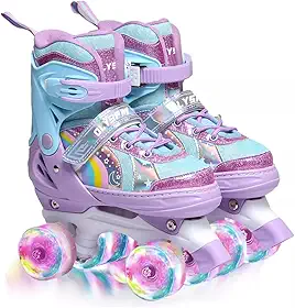 Patins Infantil Cano Alto, 8 Rodas Iluminadas com LED e 4 Tamanhos Ajustáveis, Patins Quad com Bolsa de Armazenamento, patins de fileira dupla para meninas