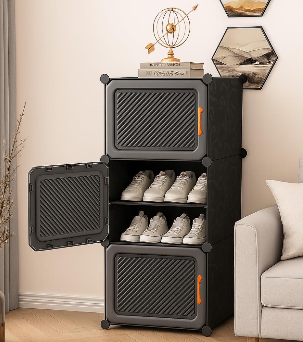 Premium 6 Layer Plastic Shoe Rack with Door and Portable Strong Shoe Organizer for Home & Office Shoe Rack for Home PP Plastic Organizer with Metal Door Frame 【Grey, 6-Shelf-3-Door】