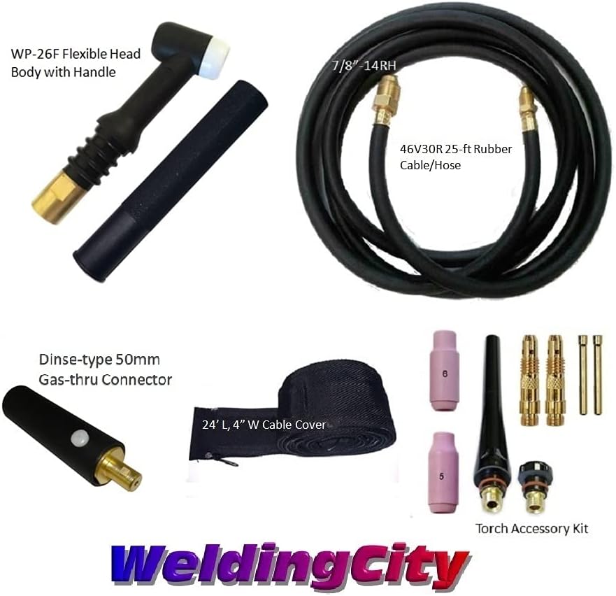 WeldingCity 200-amp WP-26F (Flexible Head) Air-cooled TIG Welding Torch Complete Package with 25-ft Power Cable Hose and Dinse 35-50 (1/2"-pin) In-line Gas-thru Cable Adapter