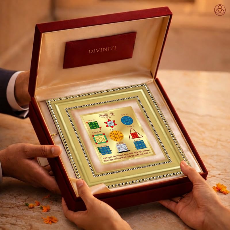 Image of DIVINITI Siddh Energised Navagraha Yantra | 24k Gold Plated Foil Planetary Harmony Vastu Frame for Home, Office & Puja Room | Spiritual Yantra for Planetary Balance, Peace & Prosperity (12 X 11 CM)