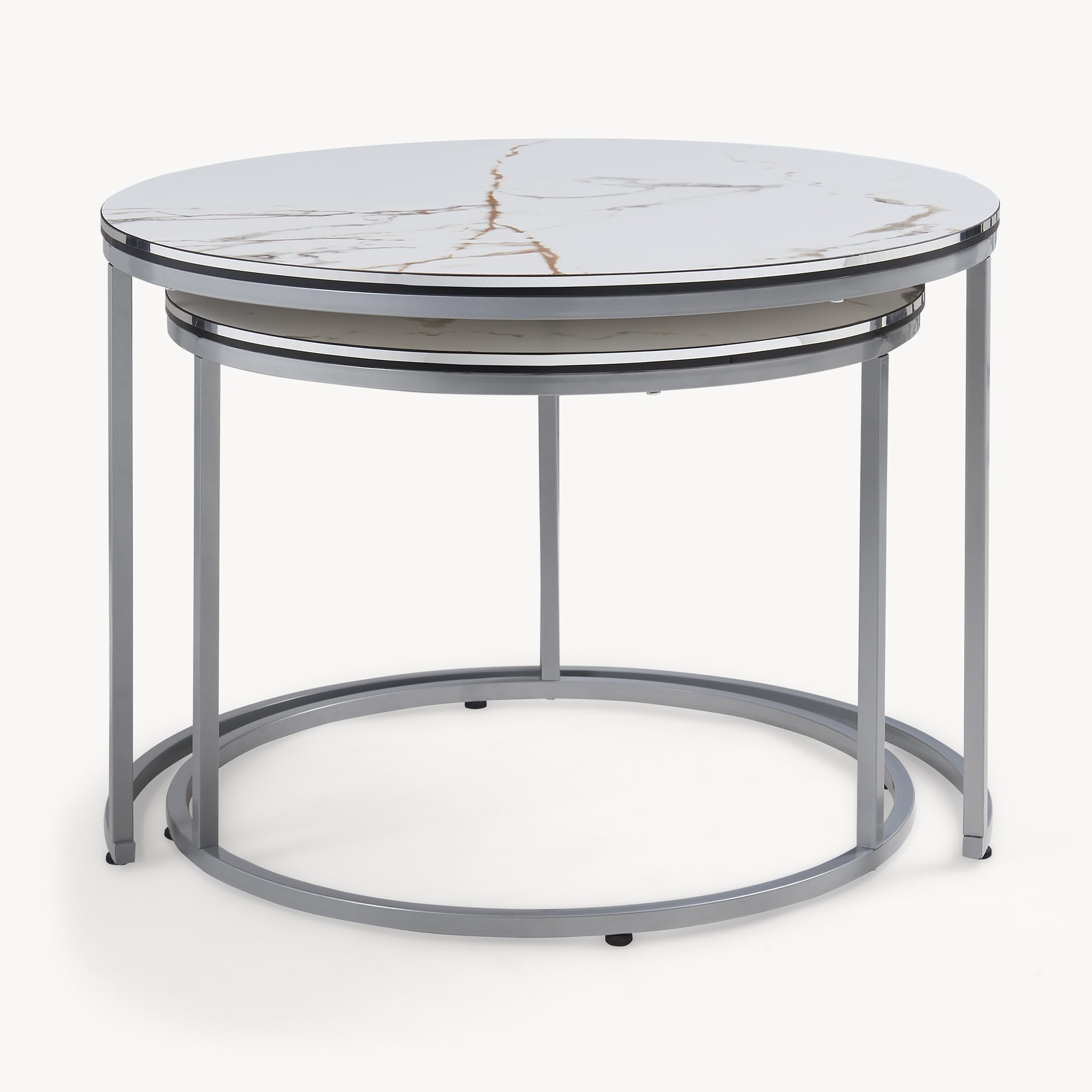[en.casa] Set di 2 Tavolini da Salotto Sovrapponibili con Piano Rotondo in Truciolare e Telaio in Metallo Tavoli Bassi Salvaspazio - Effetto Marmo Bianco/Argentato