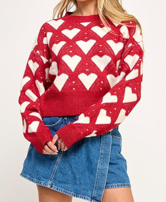 Image of Women Heart Print Sweaters Long Sleeve Crewneck Oversized Pullover Sweater Cute Love Pattern Knitted Jumper Tops