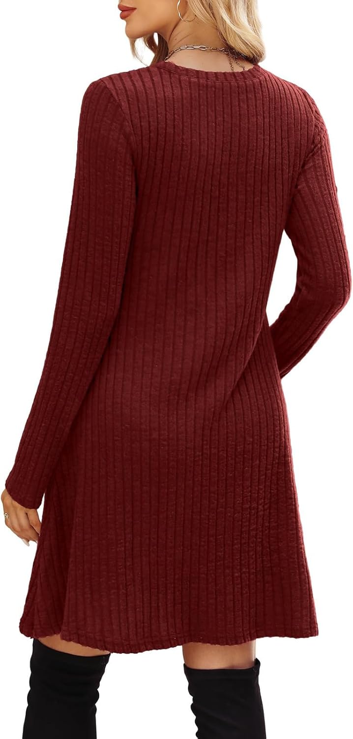 Sweater Dresses for Women 2025 Long Sleeve Ribbed Winter Cocktail Dress Fuzzy Round Neck Tunic Dress with Pockets