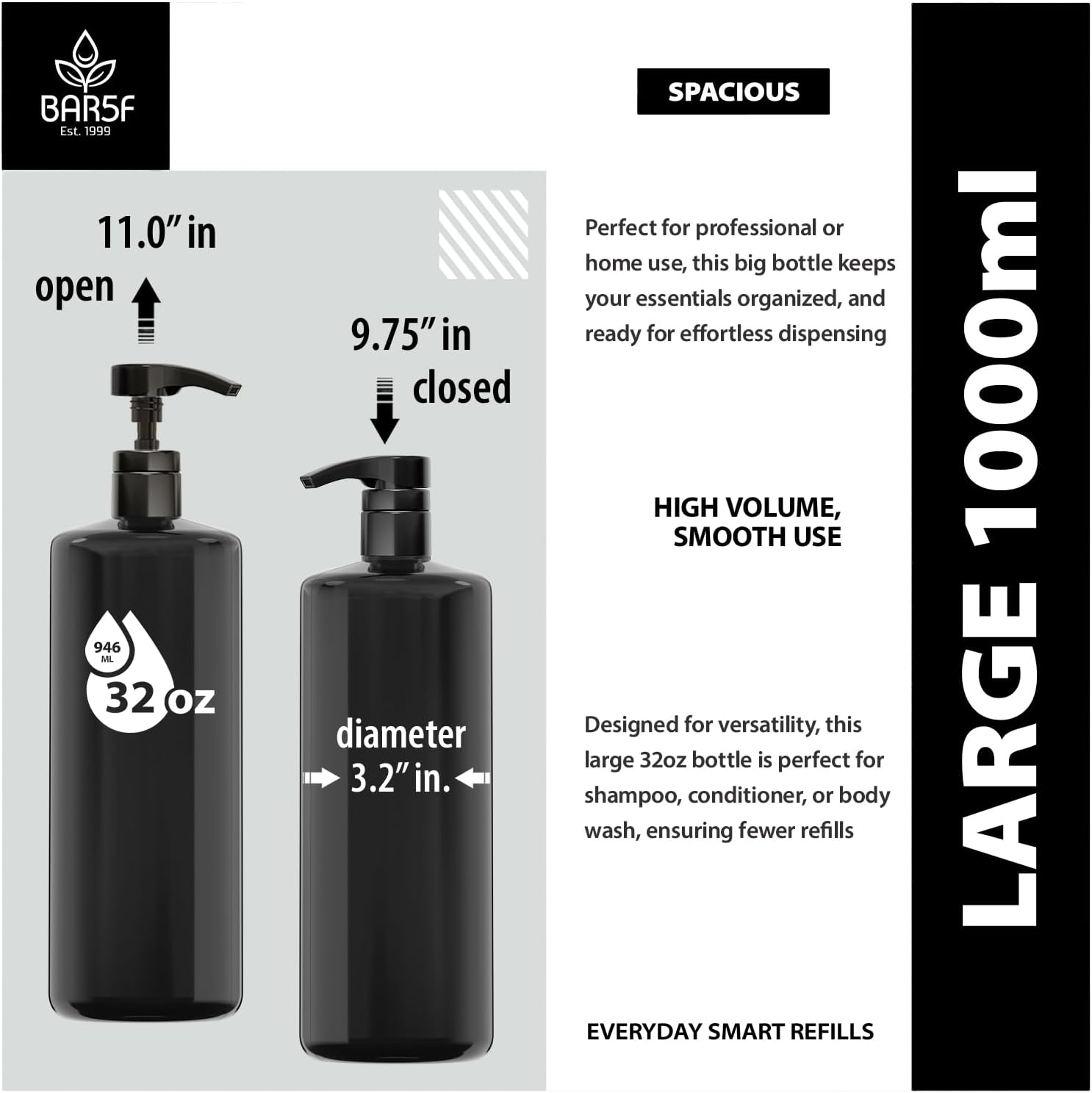 Bar5F 1-Liter BPA-Free Black Pump Bottles – Refillable PET Plastic Dispensers for Shampoo, Conditioner & Body Wash with UV Shield Gloss Finish, Heavy-Duty 3-Pack - Image 2