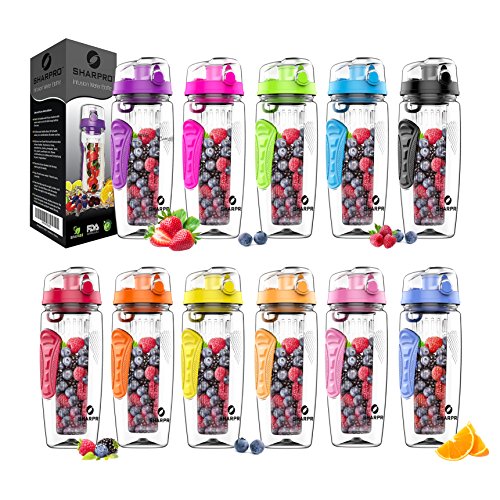 Sharpro 32 Oz. Infuser Water Bottles - Featuring A Full Length Infusion Rod, Flip Top Lid, Dual Hand Grips (Purple) #TOP5