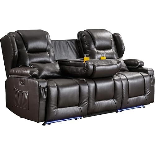 SAMERY Power Loveseat Recliner Sofa, 79.5" Reclining Loveseat 3-Seater Sofa Couch for Living Room, Home Theater, Rv, Small Spaces, with Storage/USB Ports/LED Light/Cup Holders/Pillows/Outlets