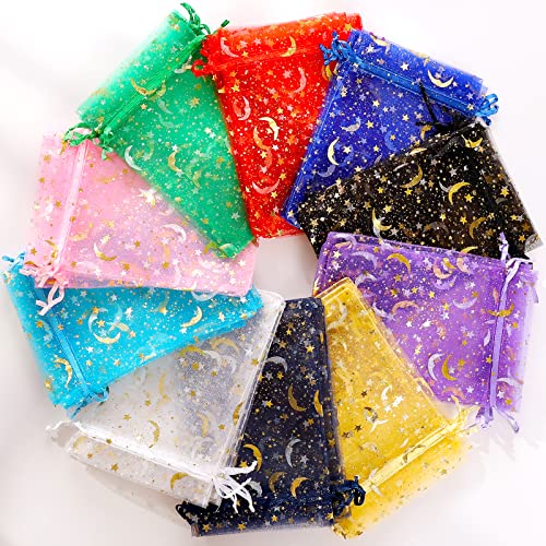 ENNIYU 100 Pieces Moon Star Organza Bags, 4x6“ Mixed Color Christmas Wedding Favors Gift Drawstring Bags Jewelry Pouches Candy Mesh Pouches2