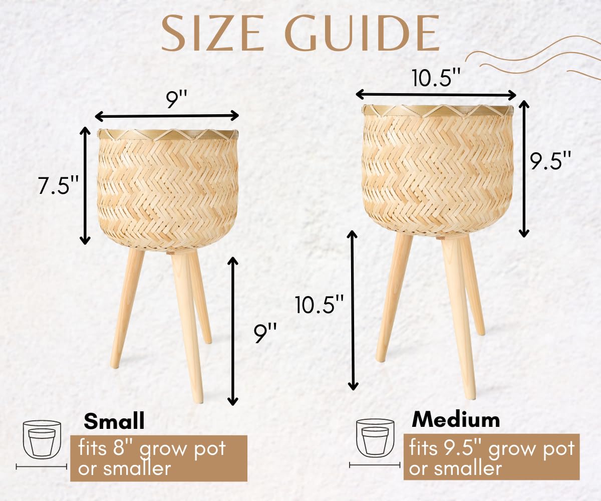 Chi An Home Bamboo Indoor Wicker Planters with Stands, Set of 2 Natural Rattan Plant Stands for Decoration, Boho Bamboo Planters with Wood Stand, Plant Stand Set for Indoor Plants, Small & Medium
