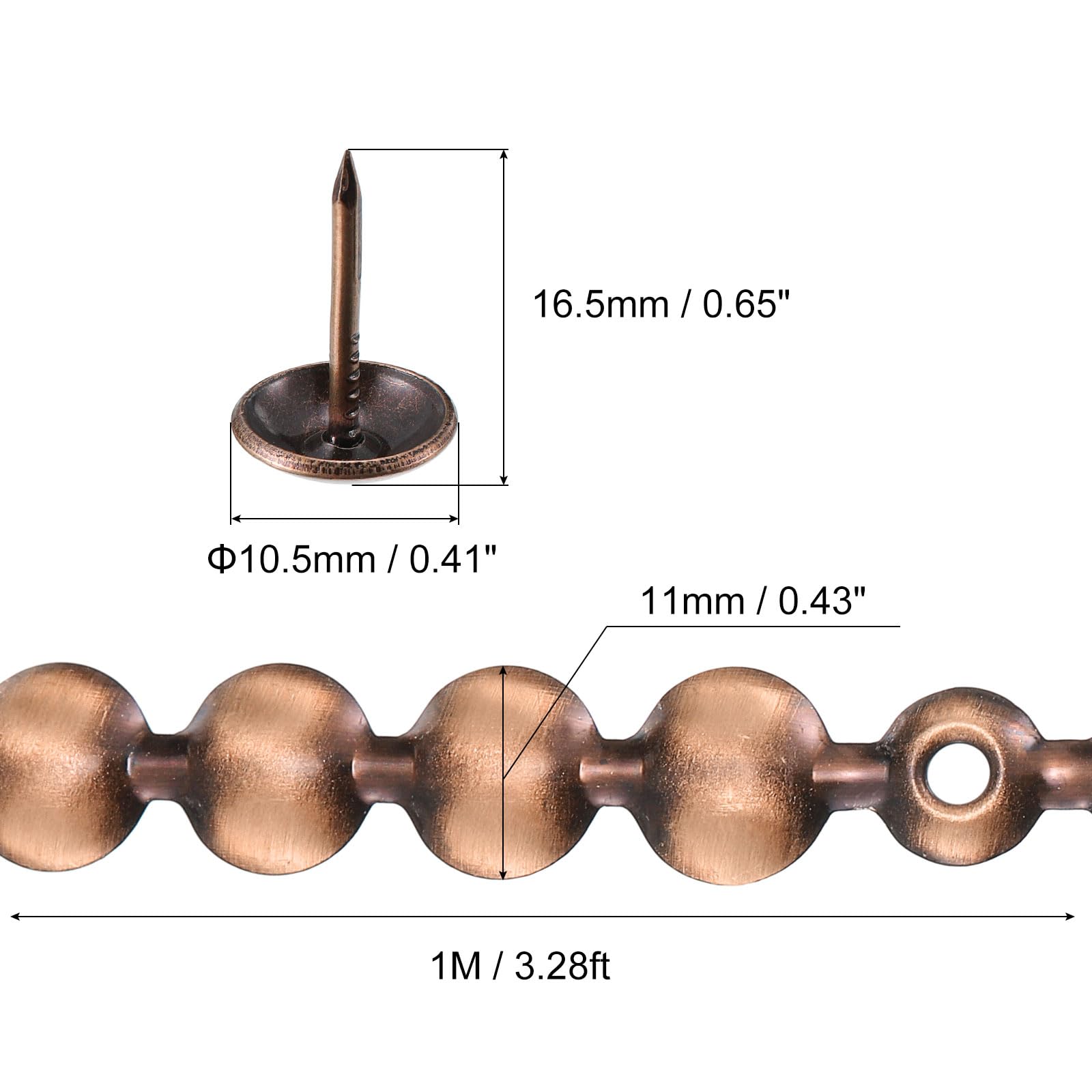 uxcell 10 tiras de tachuelas para tapicería, adornos de uñas decorativos brillantes de 1 metro para sofá, cabecero, silla, muebles con clavos de tapicería (11 mm de cobre)