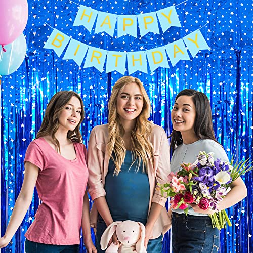 Image of TONIFUL 2Pcs Blue Metallic Tinsel Foil Fringe Curtains with Star,Blue Photo Booth Backdrop Streamer Curtain Photo Booth Props for Bachelorette Party,Birthday,Halloween,Christmas Decor(6.6ft x 6.6ft)